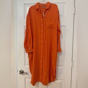 NWT Old Navy Button Front MIDI Shirt Dress L/S Orange Stripe Linen Blend Size PM